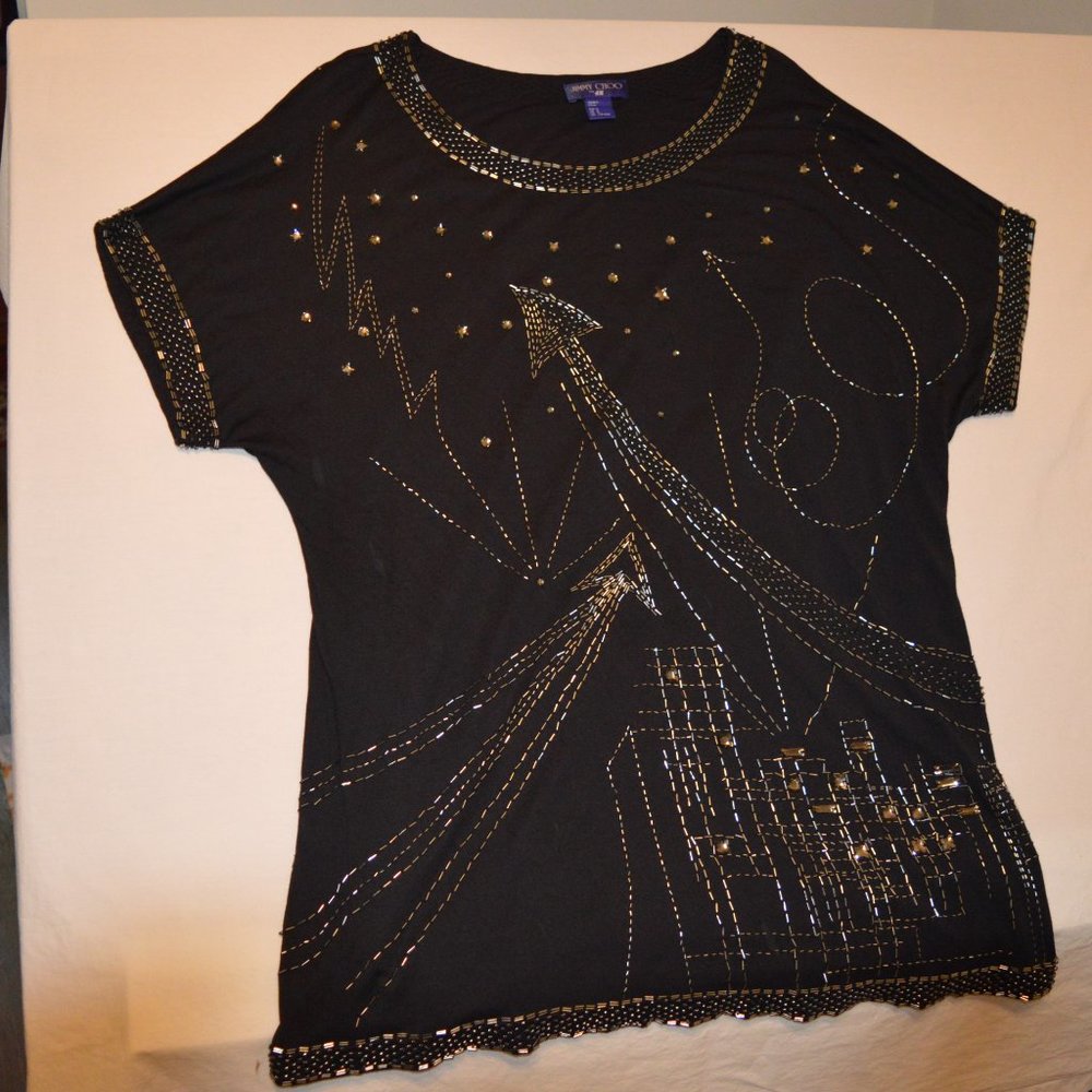 Jimmy Choo by HM Ladies Size Medium Black Beaded Tunic Cap Sleeved Top Blouse